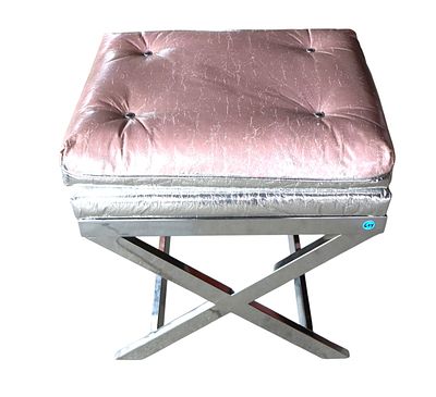 MidC upholstered and chrome x-frame base stool. Mid century chrome x-frame base stool, Hollywood 