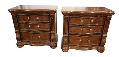 PR American Signature carved over-size night stands. Pair of American Signature burl walnut 3 