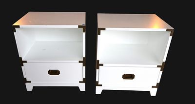 PR modern Land of Nod laminate campaign nightstands. Pair of modern style Land of Nod 1 drawer 