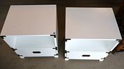 PR modern Land of Nod laminate campaign nightstands. Pair of modern style Land of Nod 1 drawer Image - 1