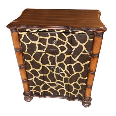 Paint decorated front natural walnut top chest. Paint decorated front 1 drawer 2 door chest with 