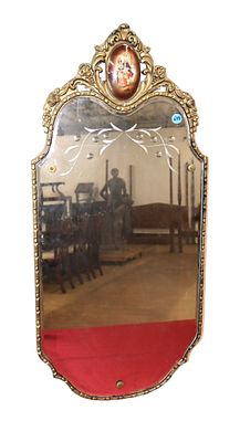 Antique French porcelain cameo etched glass mirror. Antique carved with French painted porcelain 