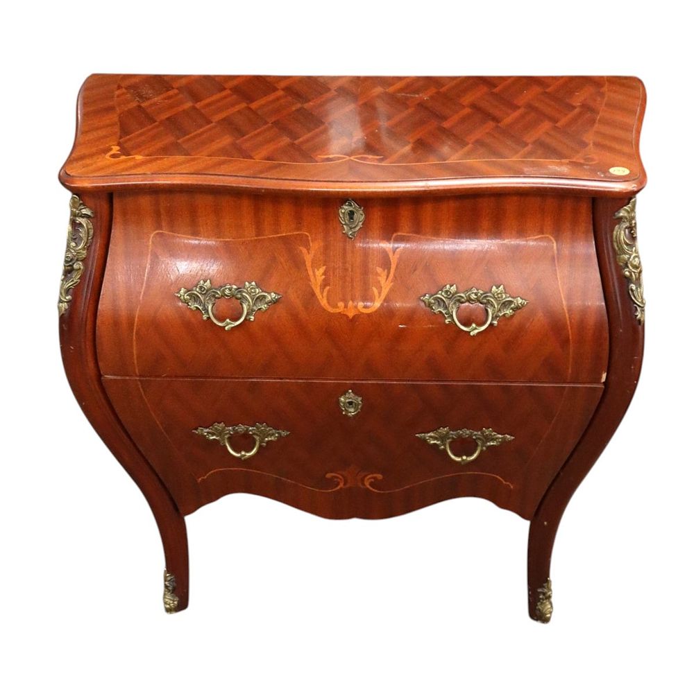 French inlaid bombay chest with bronze accents. Semi antique French inlaid mahogany 2 drawer 