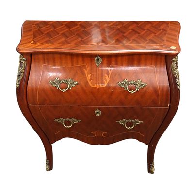 French inlaid bombay chest with bronze accents. Semi antique French inlaid mahogany 2 drawer 