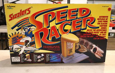 Vintage Playing Mantis Sizzlers Speed Racer rechargeable battery operated motorized cars in box 