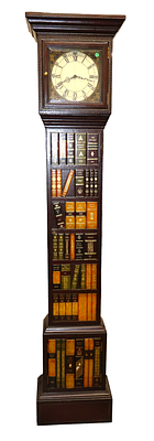 Maitland Smith tall case grandfather clock with faux book front and leather wrap accents, with 