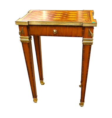 Maitland Smith French style table w/bronze accents. Maitland Smith one drawer French style table 