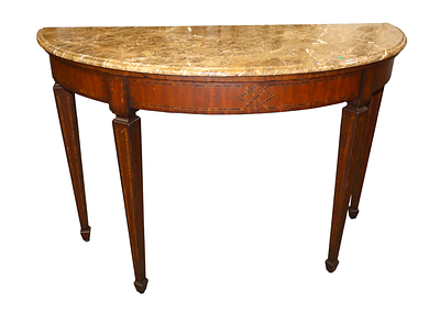 Nice Maitland Smith marble top demilune console in the mahogany with rosewood banding, original 