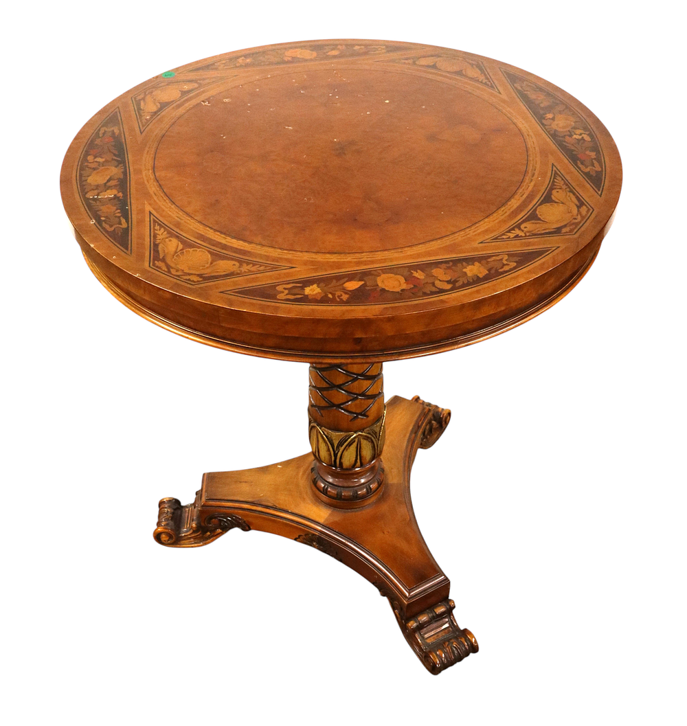 Maitland Smith 27.5" exotic flower accent table. Maitland Smith 27.5" round accent table with 