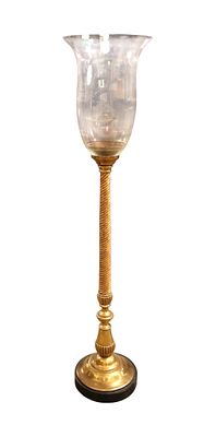 Maitland Smith floor globed candle stand in the brass with wood turned post and clear glass 