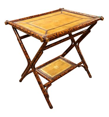 Maitland Smith leather& faux bamboo serving table. Maitland Smith leather top faux bamboo finish 