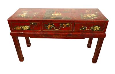 Asian inspired red console manner Maitland Smith. Asian inspired 3 drawer console in the red 