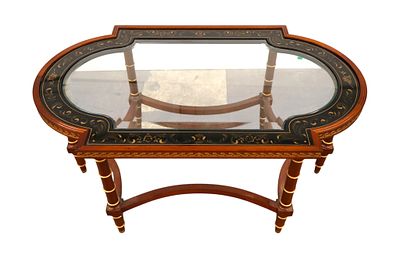 John Widdicomb bevel stenciled octagon table. John Widdicomb Furniture beveled glass top 6 leg 