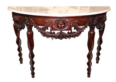 MT carved & ornate antique style demilune console. Highly carved and ornate antique style marble 