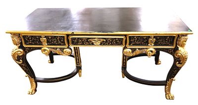 FR highly carved ornate executive desk - empire style. Ornate and highly carved 3 drawer French 