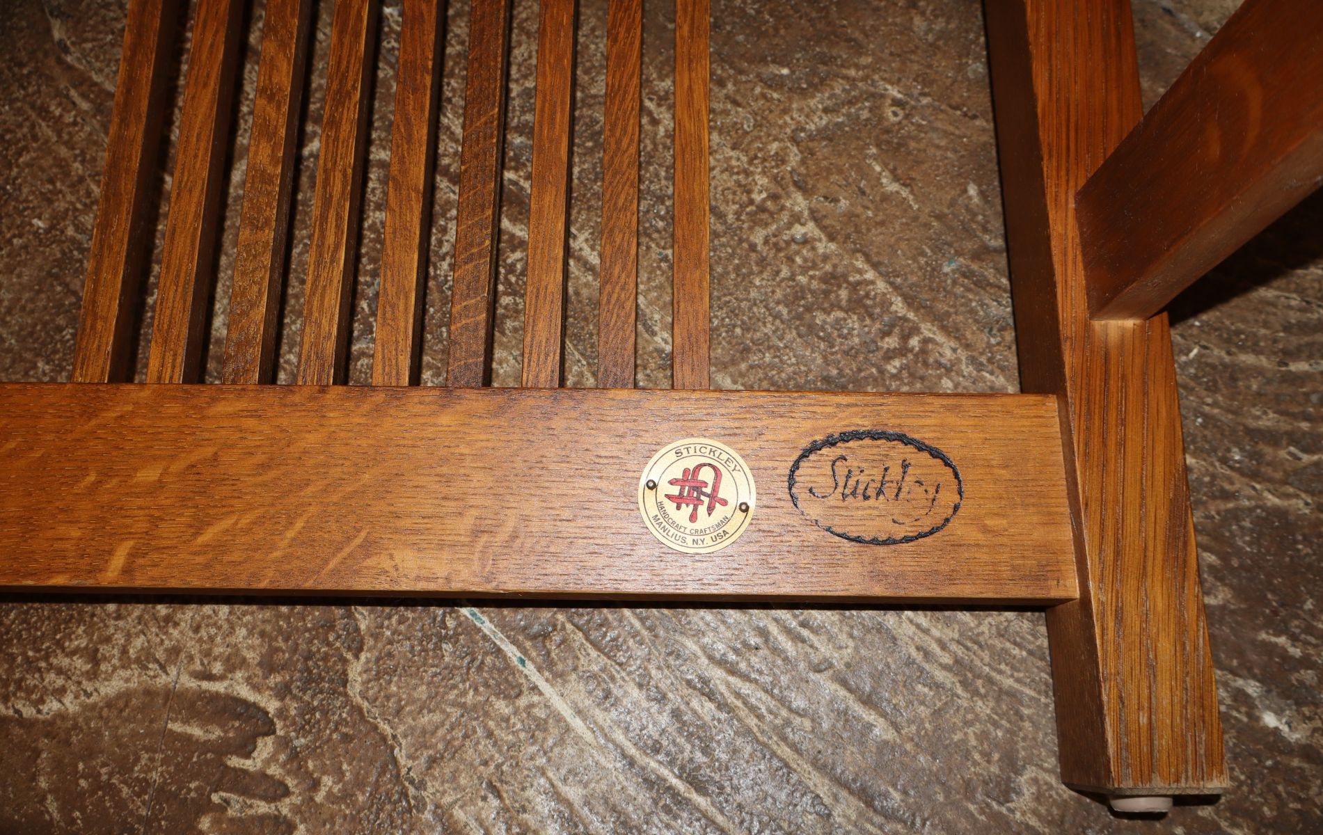 Stickley mission oak high slat double arm bench
