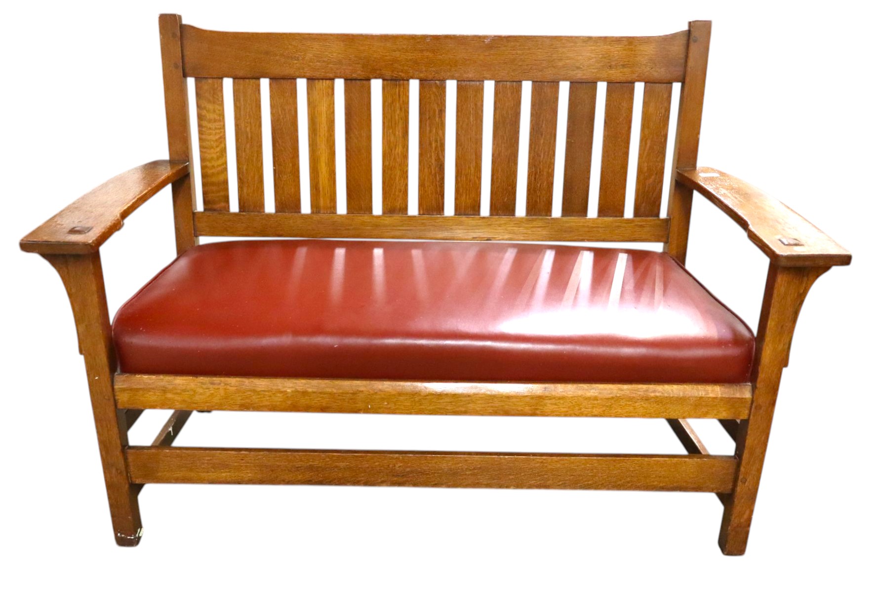 Antique L & J.G. Stickley slat back oak arm bench