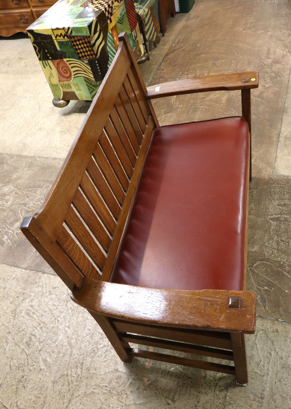 Antique L & J.G. Stickley slat back oak arm bench