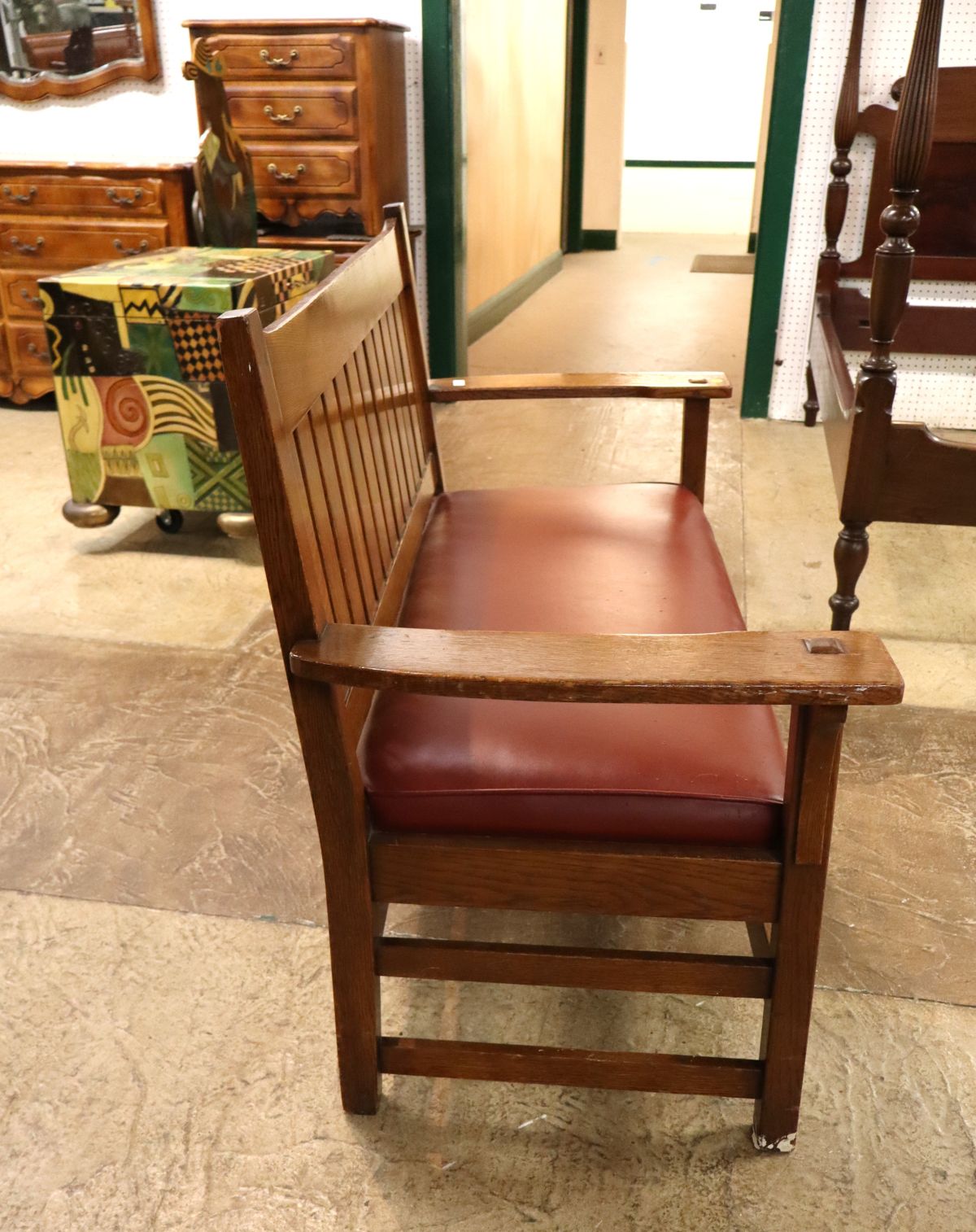 Antique L & J.G. Stickley slat back oak arm bench