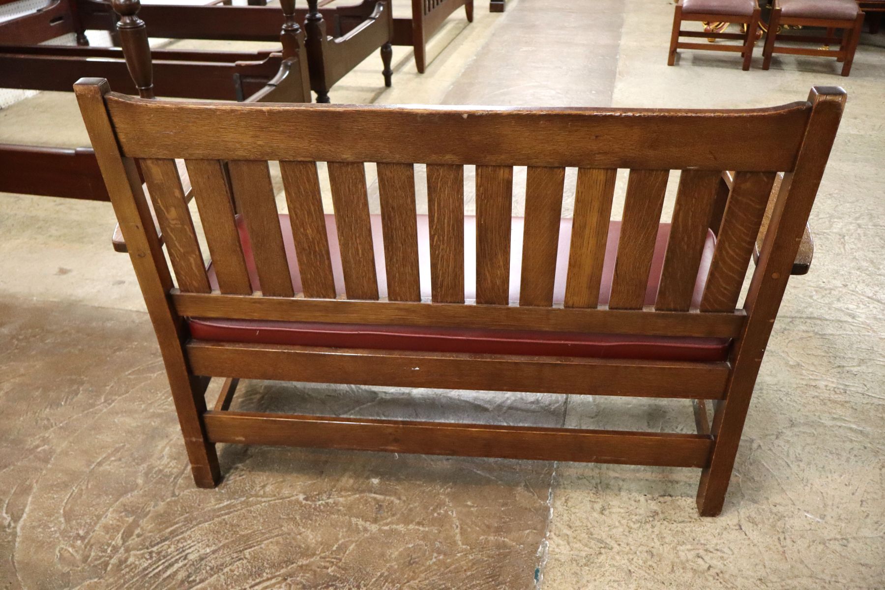 Antique L & J.G. Stickley slat back oak arm bench