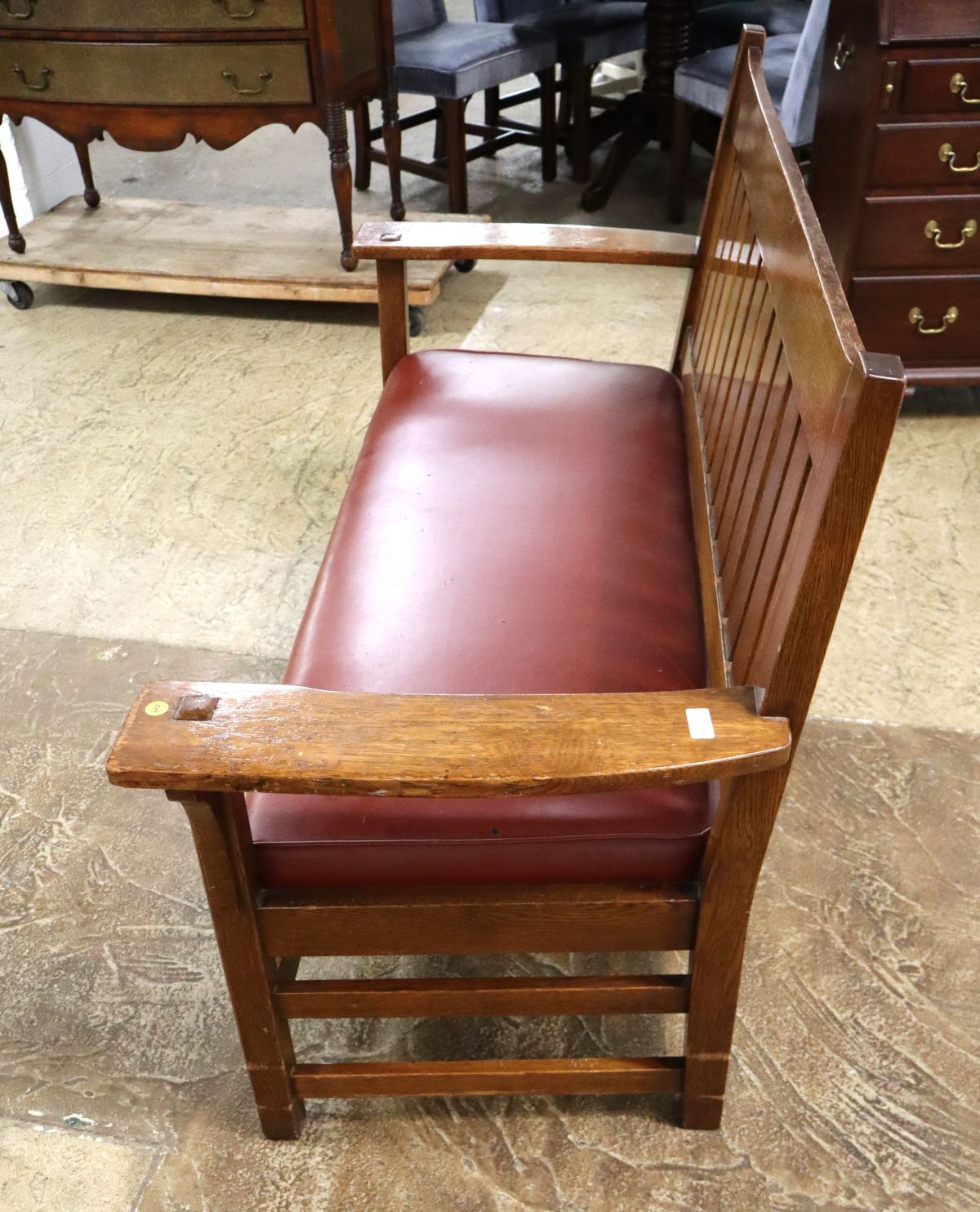 Antique L & J.G. Stickley slat back oak arm bench