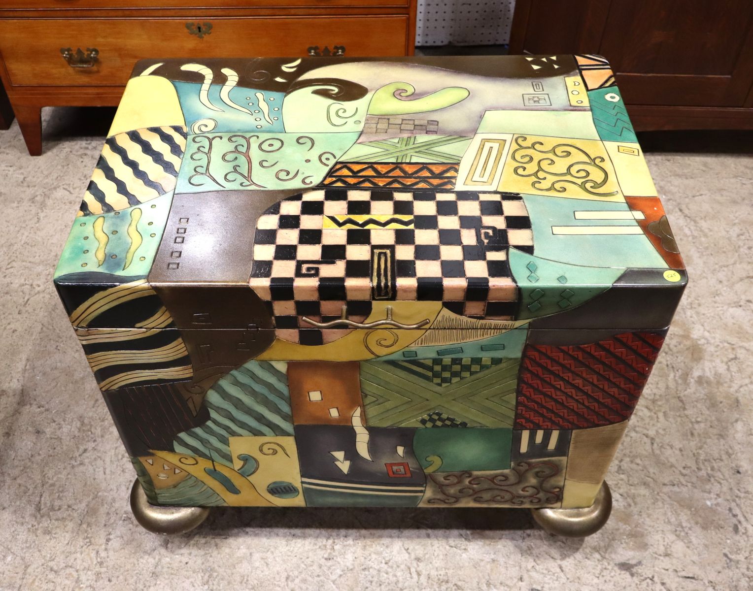 Unique Picasso style paint decorated storage chest