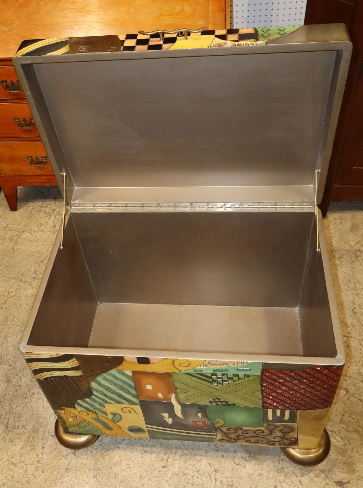 Unique Picasso style paint decorated storage chest