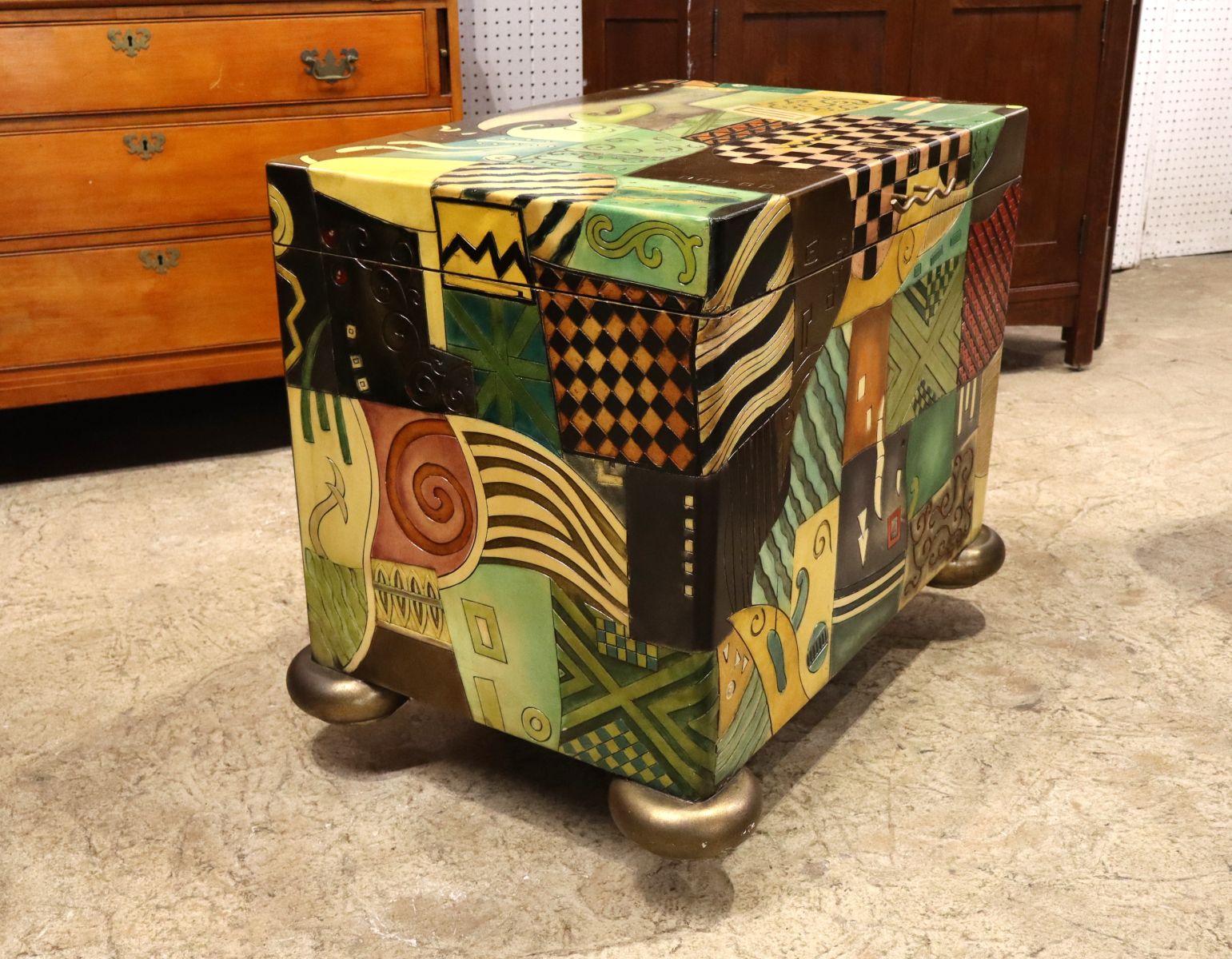 Unique Picasso style paint decorated storage chest