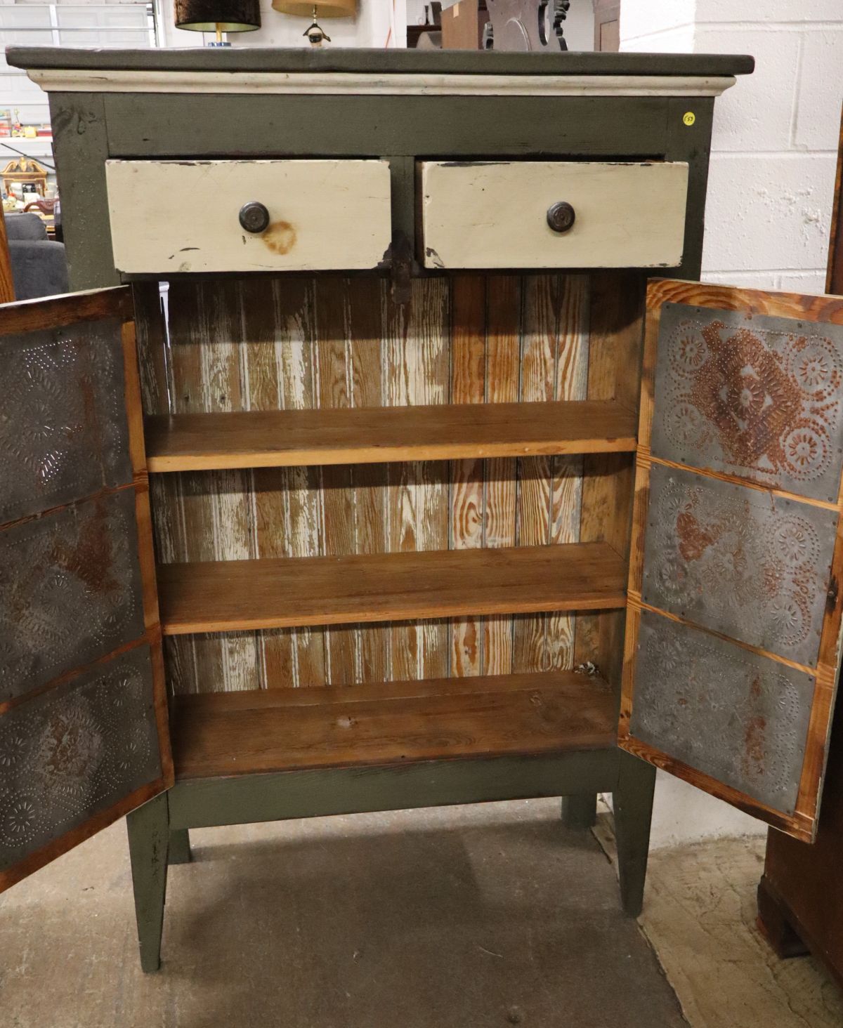 Antique style paint decorated pierce tin pie safe