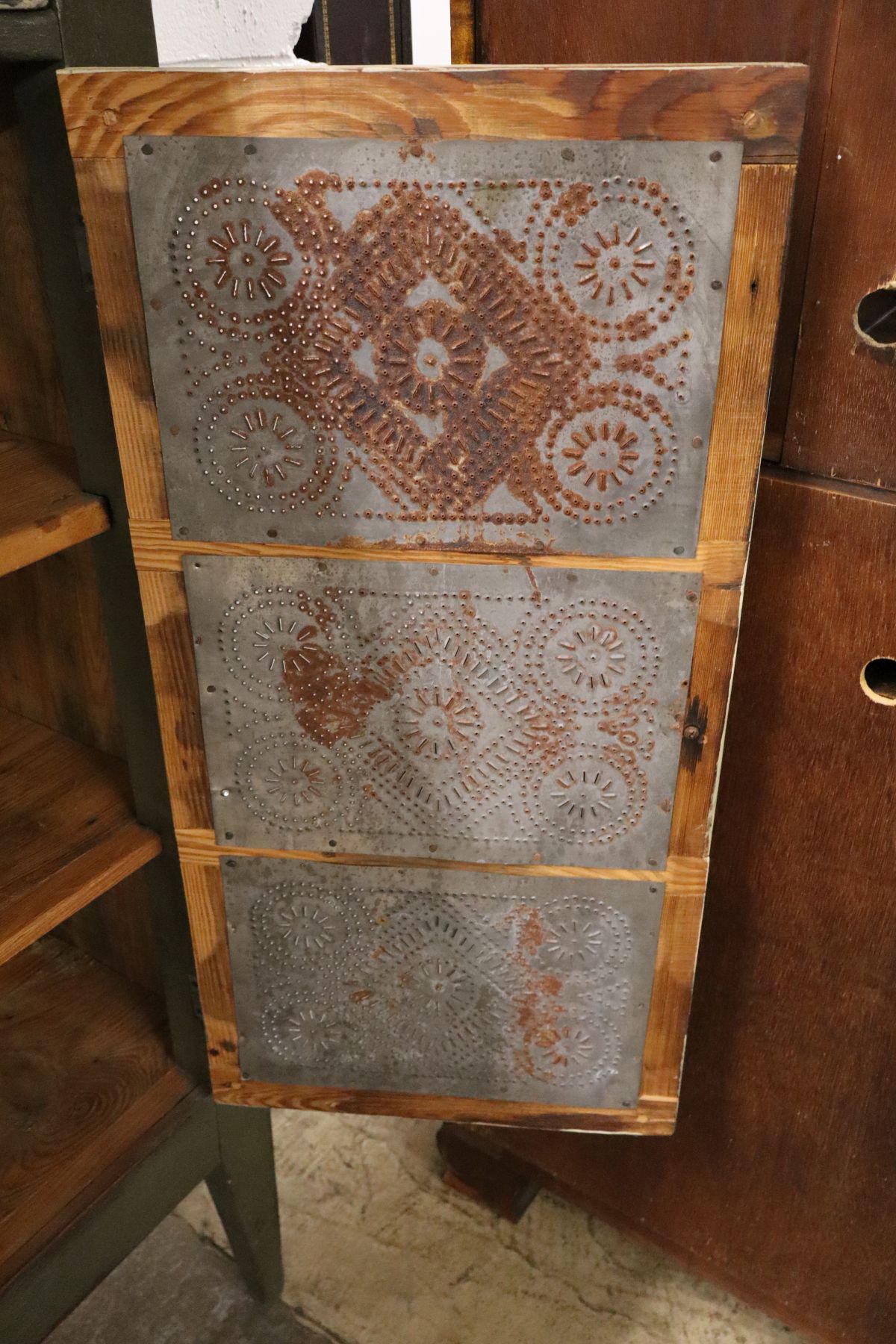 Antique style paint decorated pierce tin pie safe