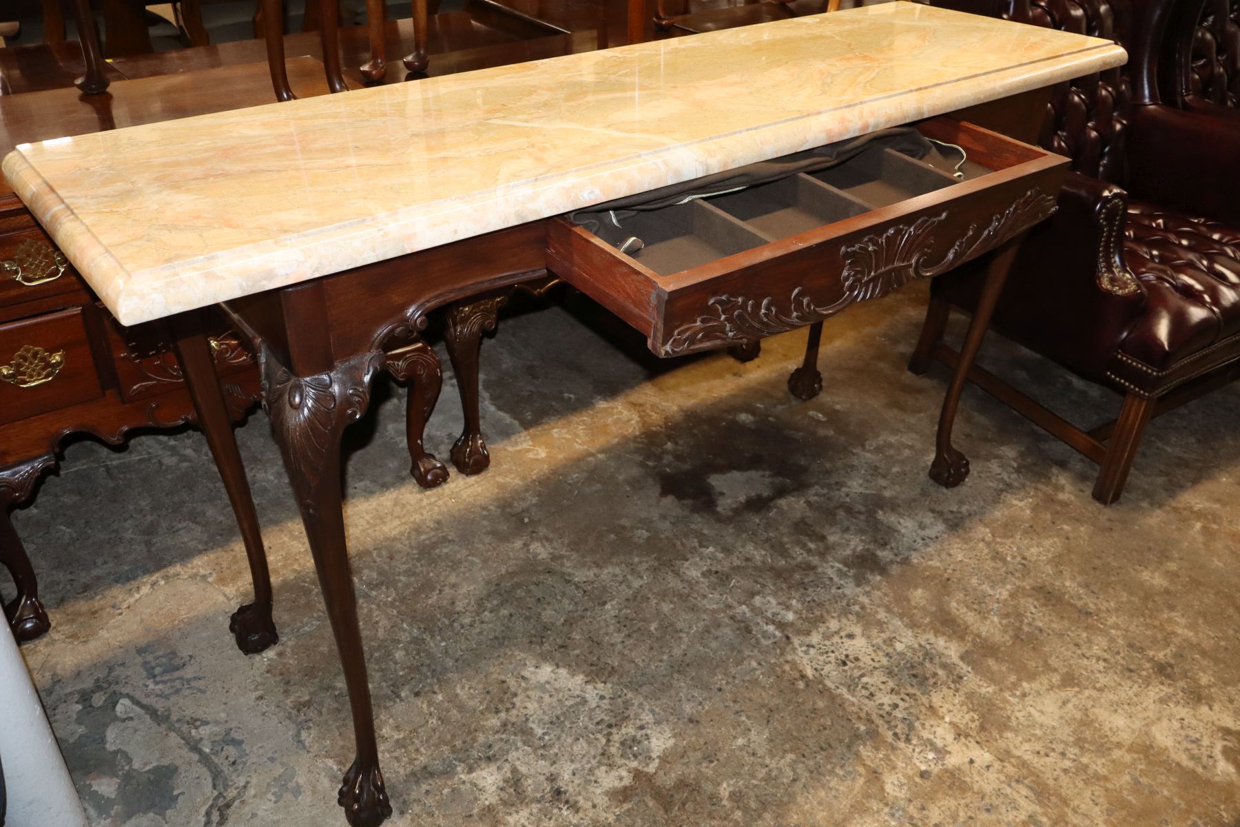 Custom marble top ball claw carved console table
