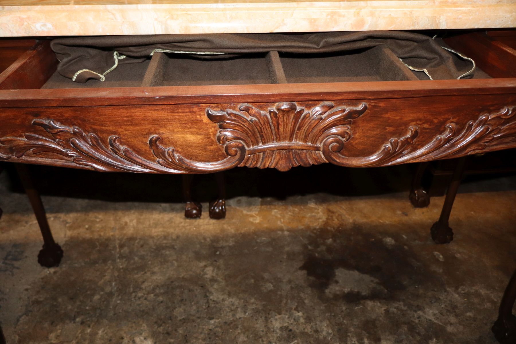 Custom marble top ball claw carved console table