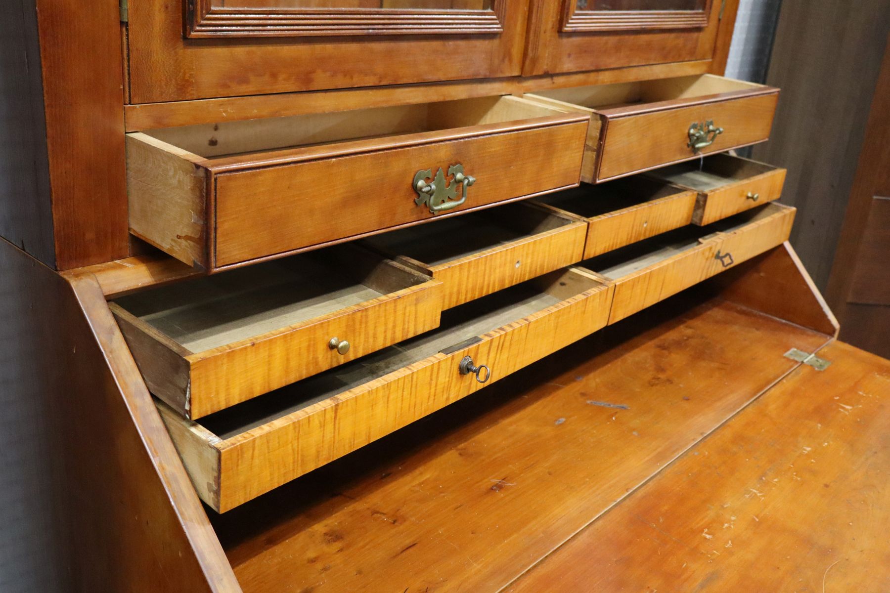 Antique 2pc secretary bookcase w/tiger maple interior