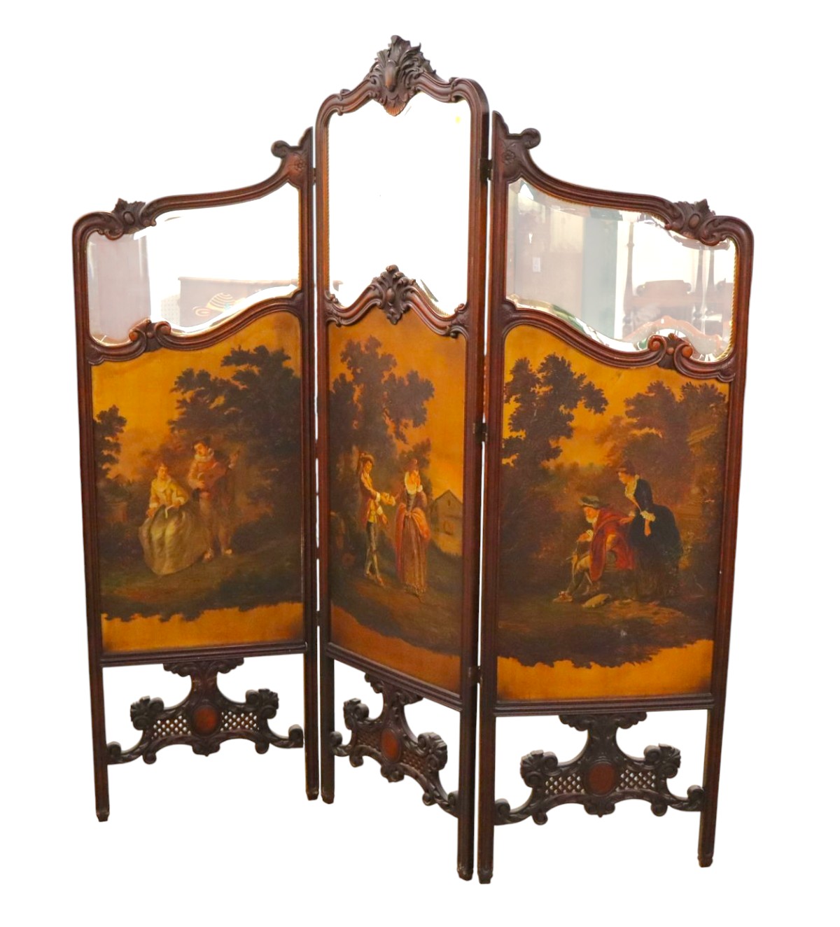 Beau FR 3 section room screen w/orig bevel glass tops