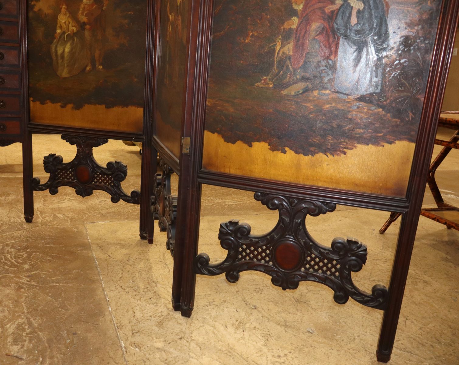 Beau FR 3 section room screen w/orig bevel glass tops