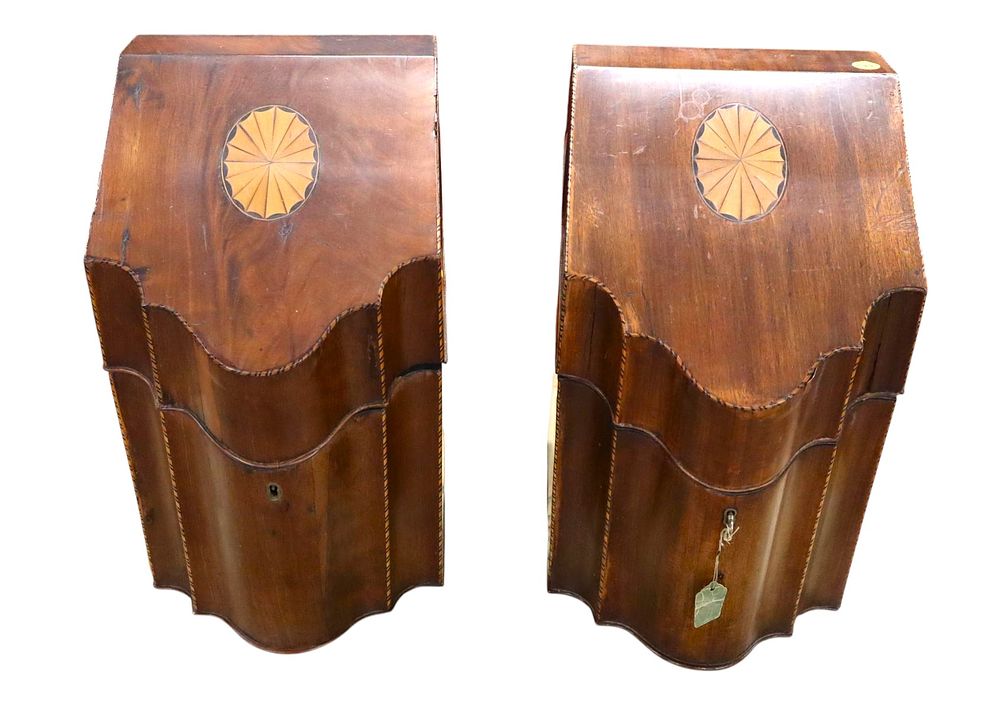 Fantastic PR antique mahogany inlaid knife boxes. Fantastic pair of antique mahogany inlaid 
