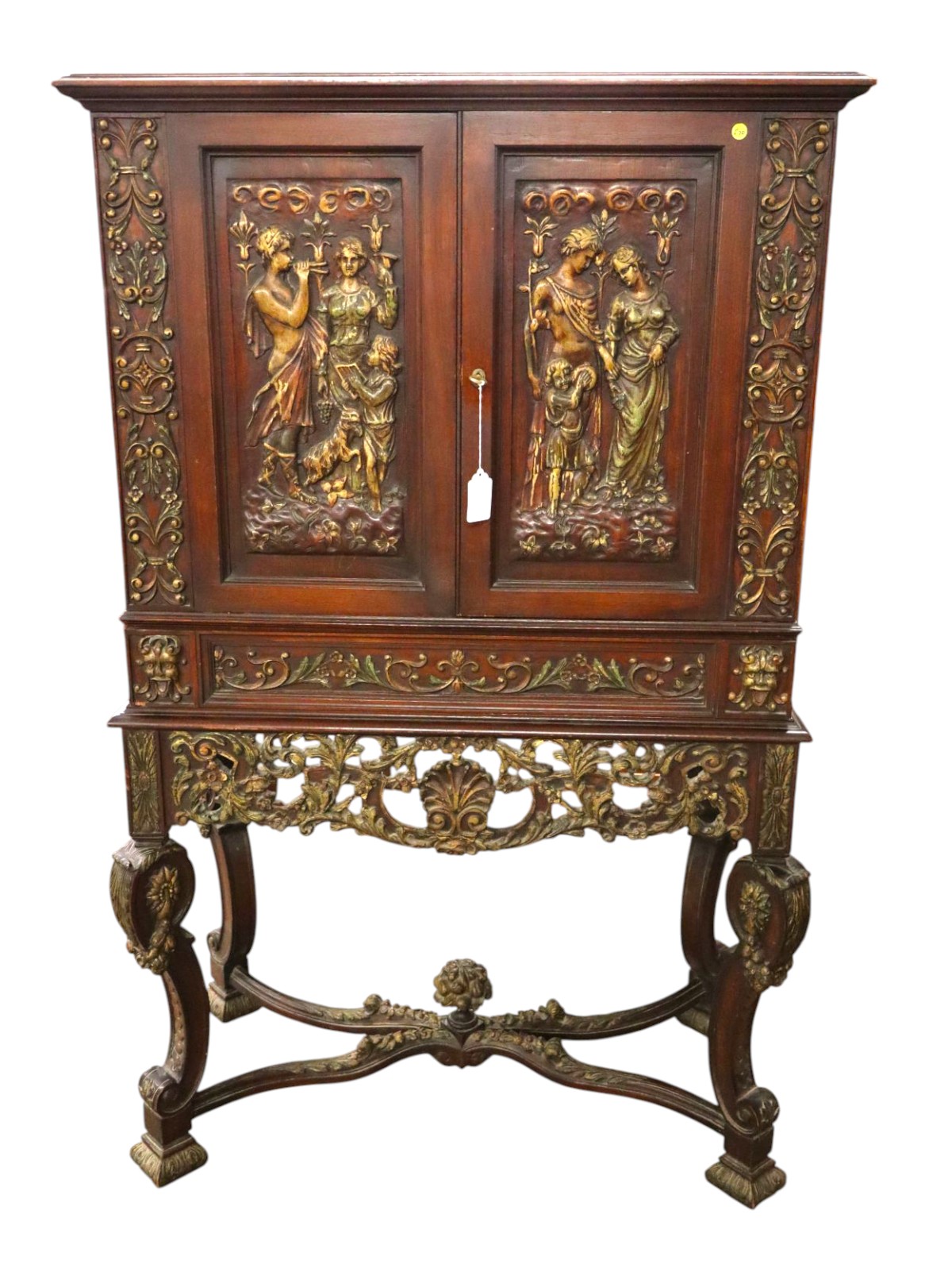 Antique FR highly crvd & orn. figural silver cabinet