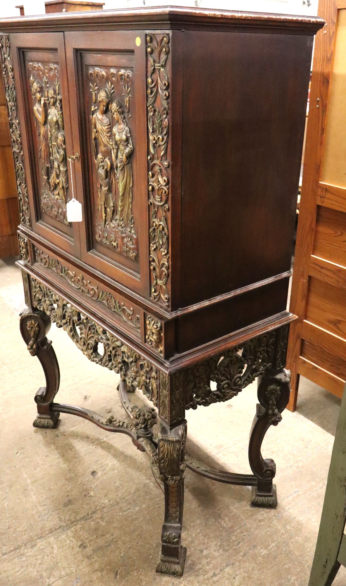 Antique FR highly crvd & orn. figural silver cabinet