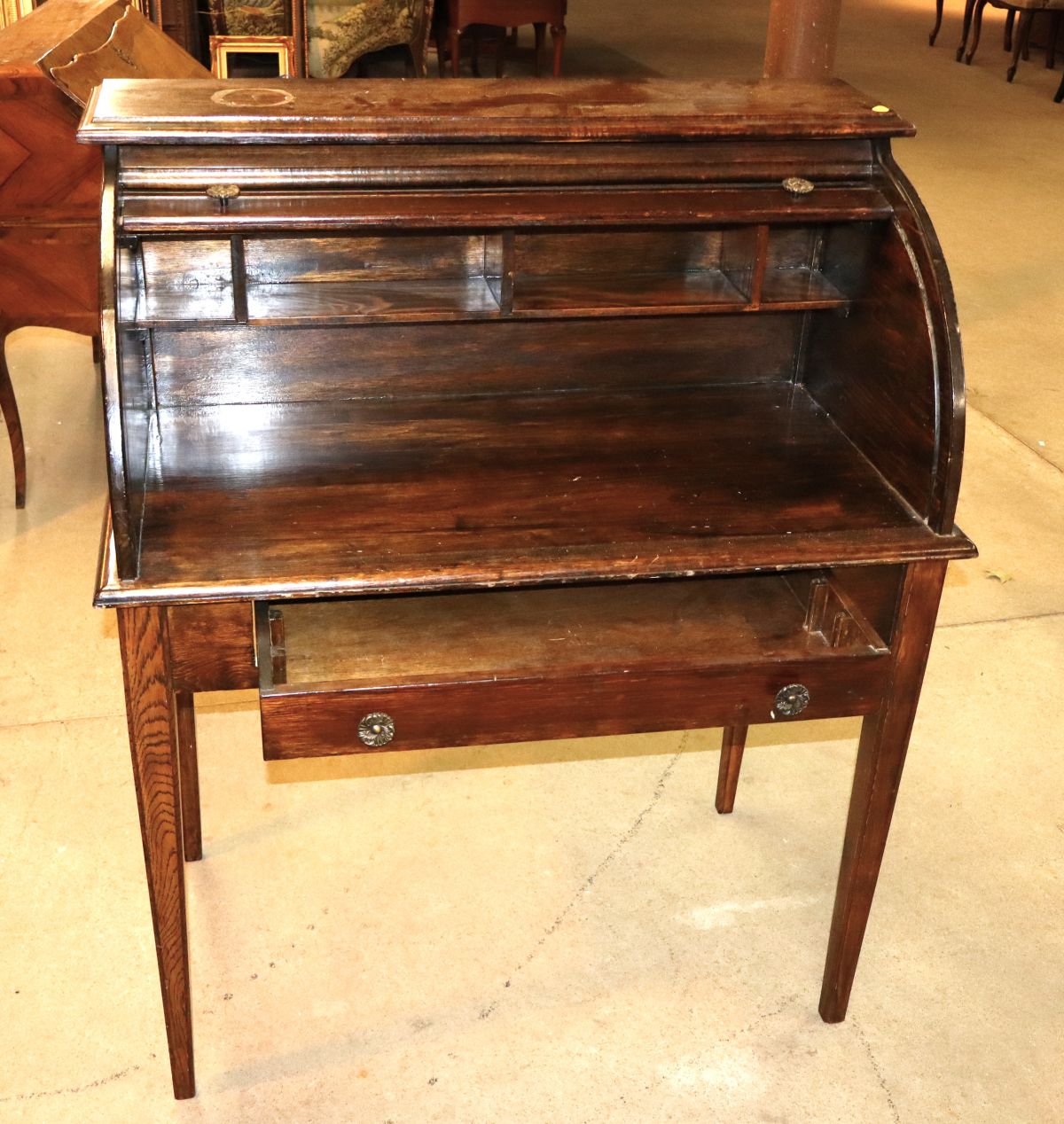 Antique petite roll top 1 drawer walnut finish desk