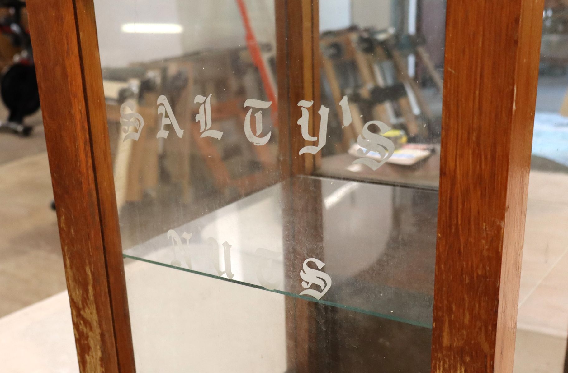Antique oak Salty Nuts advertisement display case