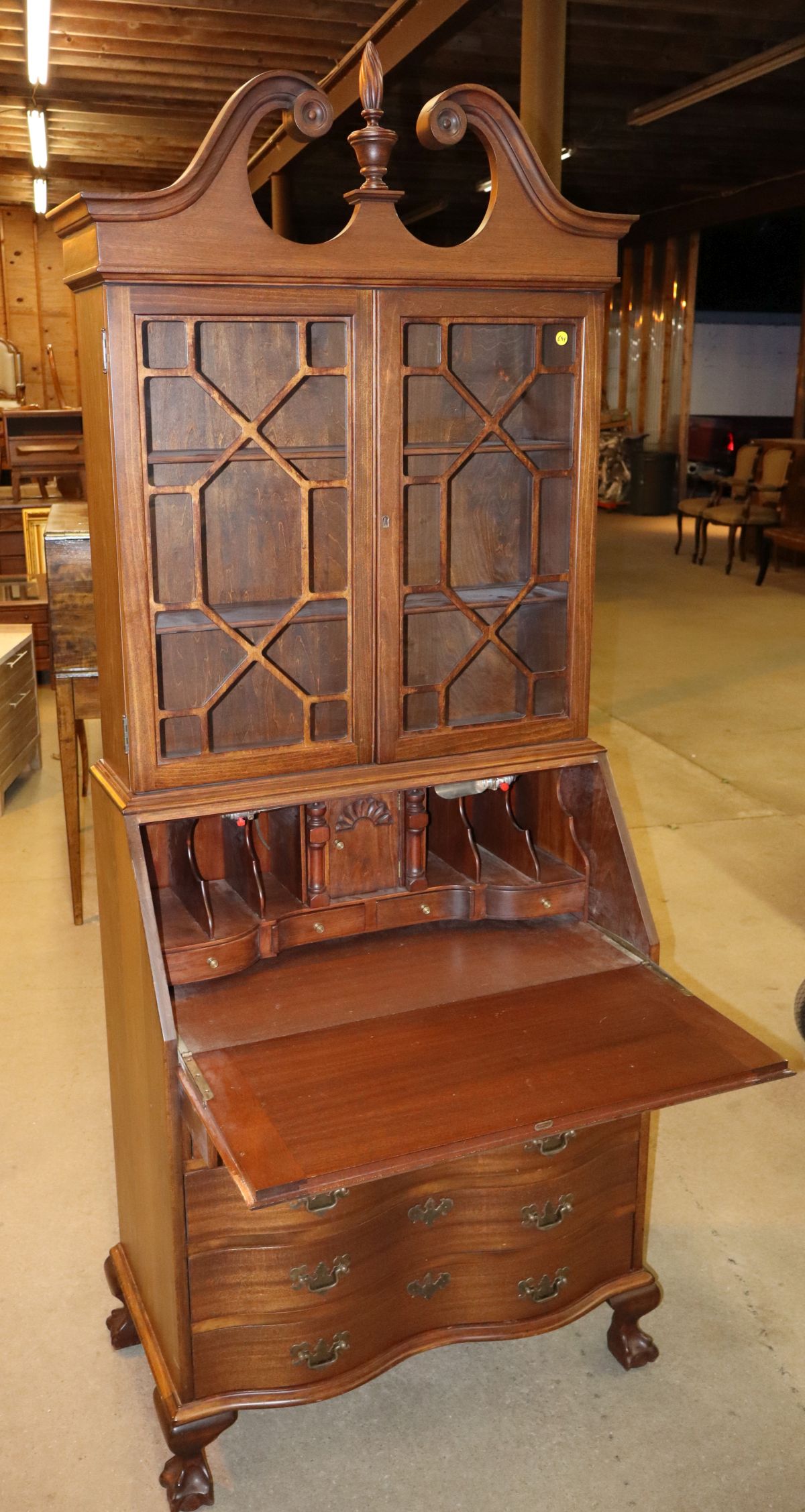 Vtg serpentine paw foot secretary with bookcase top