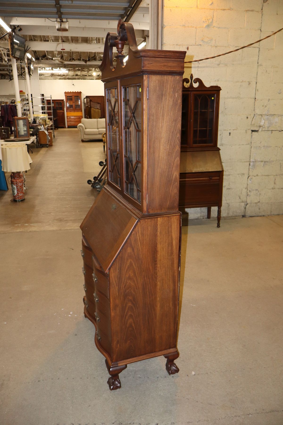 Vtg serpentine paw foot secretary with bookcase top