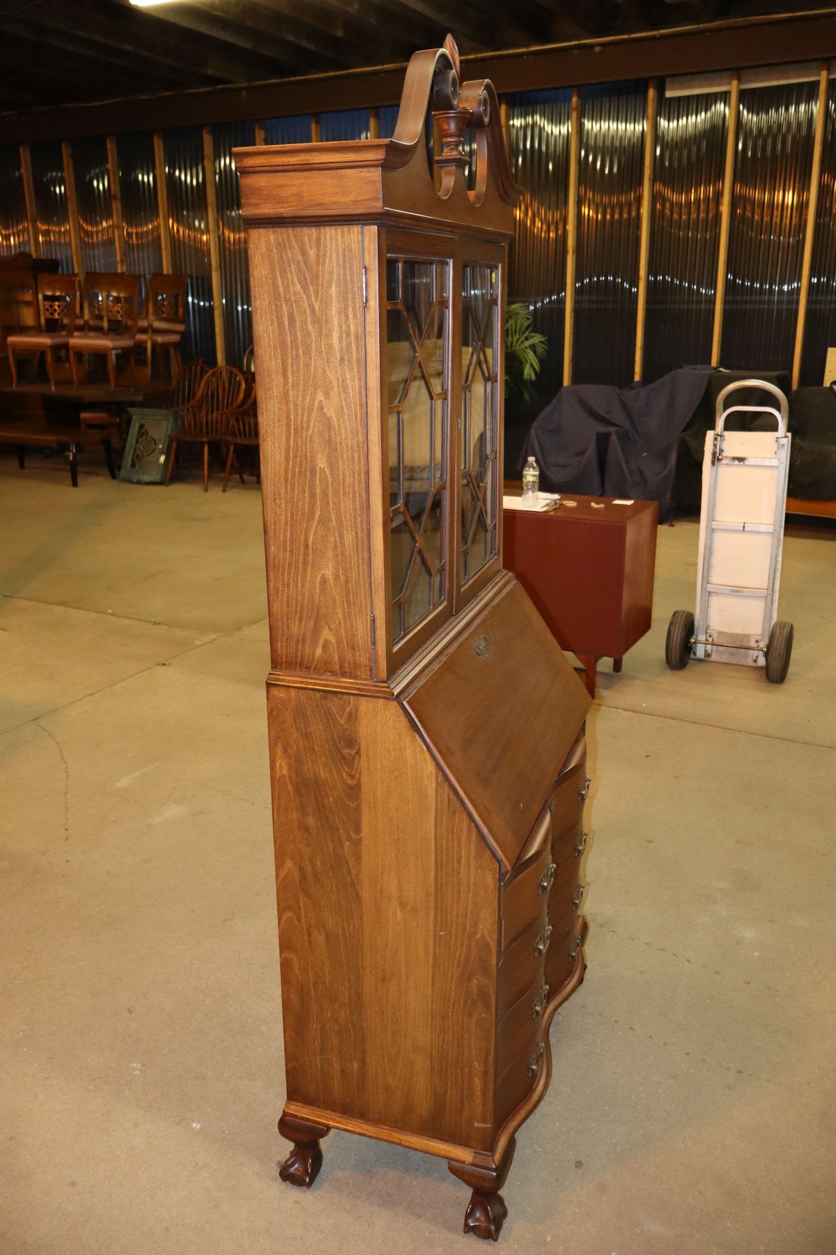 Vtg serpentine paw foot secretary with bookcase top
