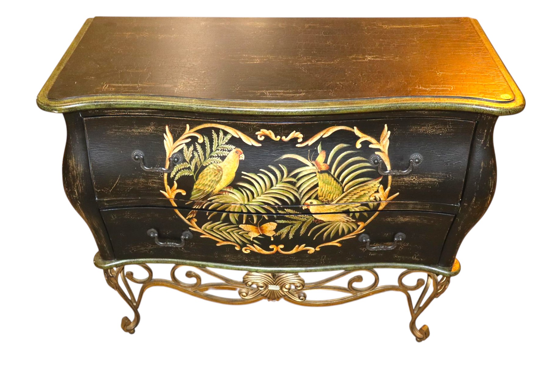 Parrot paint decorated chest on scroll metal legs
