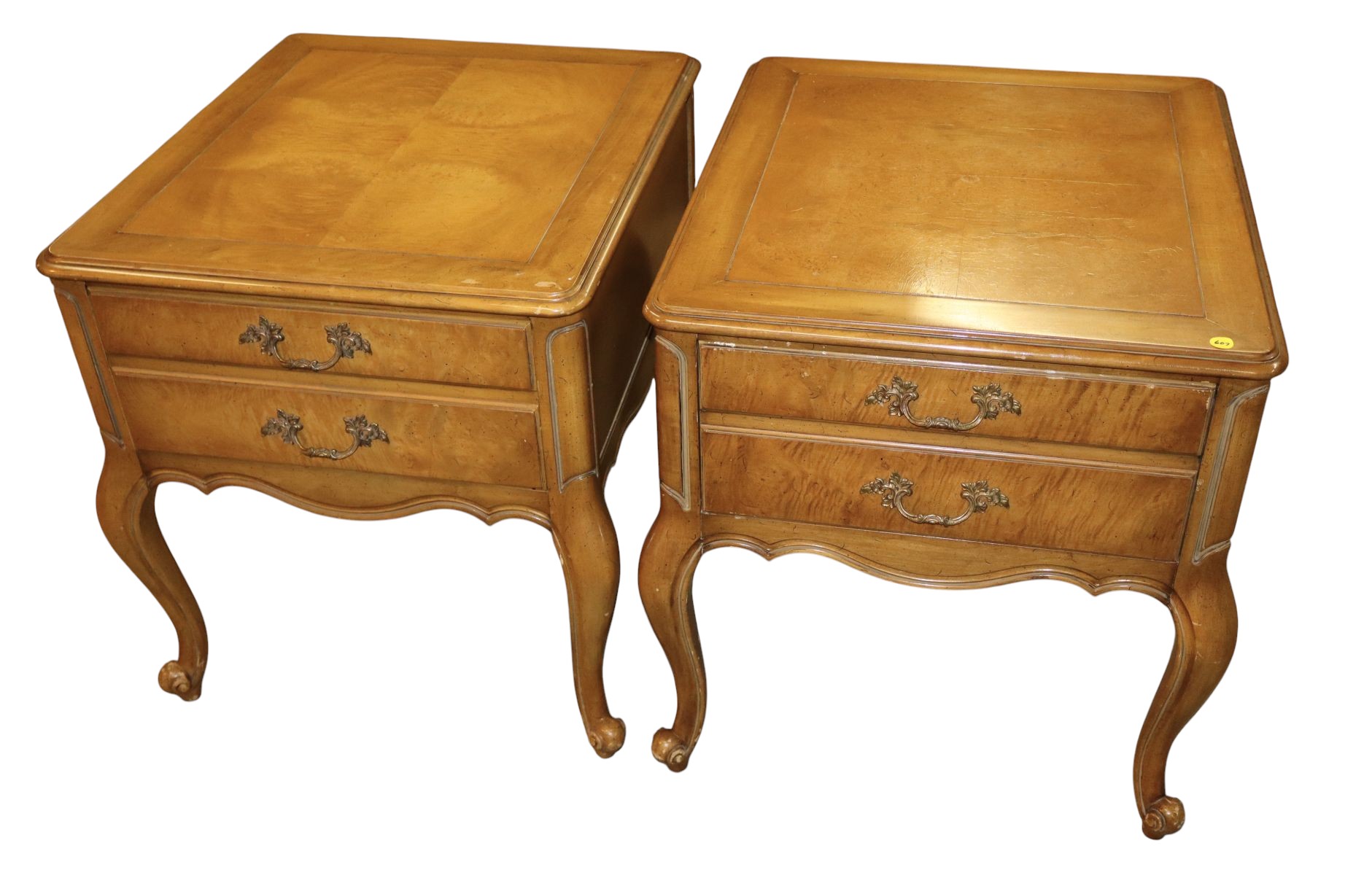 PR Weiman Furn Vtg burl walnut 1 drawer lamp tables