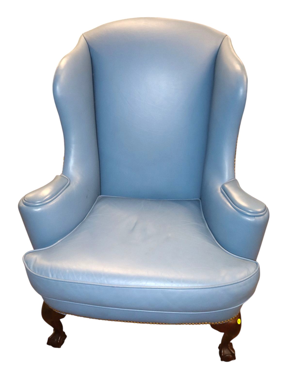 Quality blue leather ball & claw wing chair
