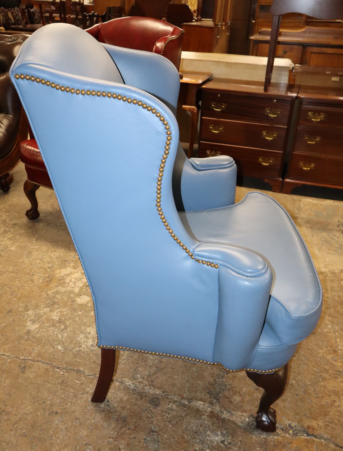 Quality blue leather ball & claw wing chair