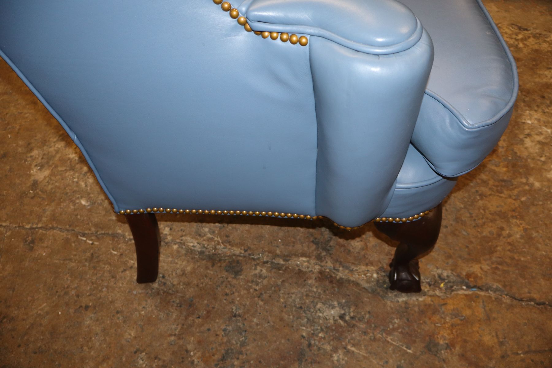 Quality blue leather ball & claw wing chair