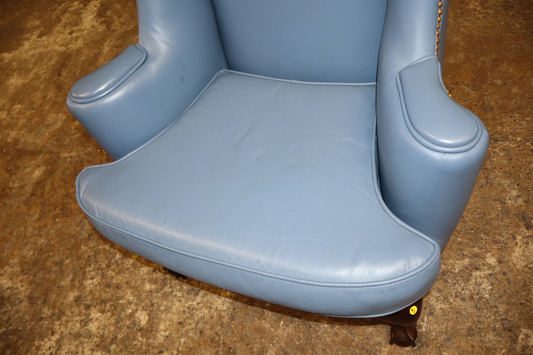 Quality blue leather ball & claw wing chair