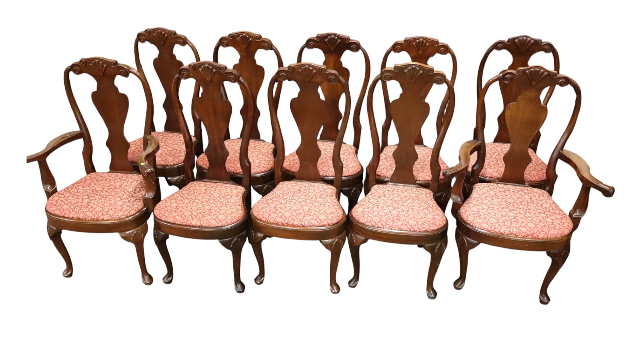 Set 10 Georgian QA shell carved mah dining chairs